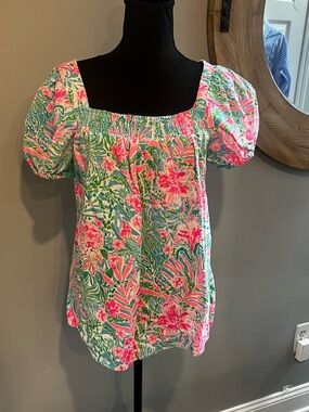 Lilly Pulitzer Pink & Green Floral Smocked Puff-Sleeve Top